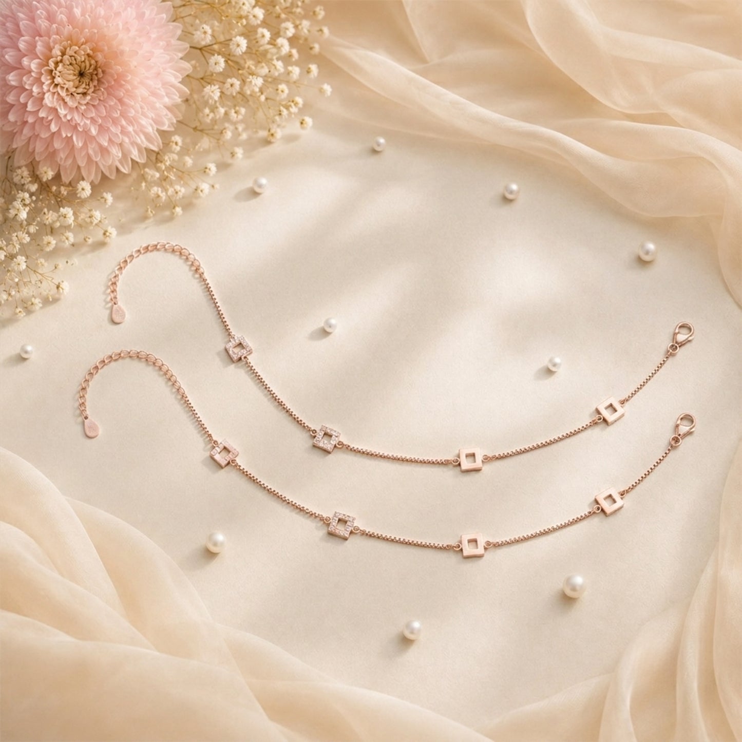 Rose Gold Zircon Studded Square Italian Anklet