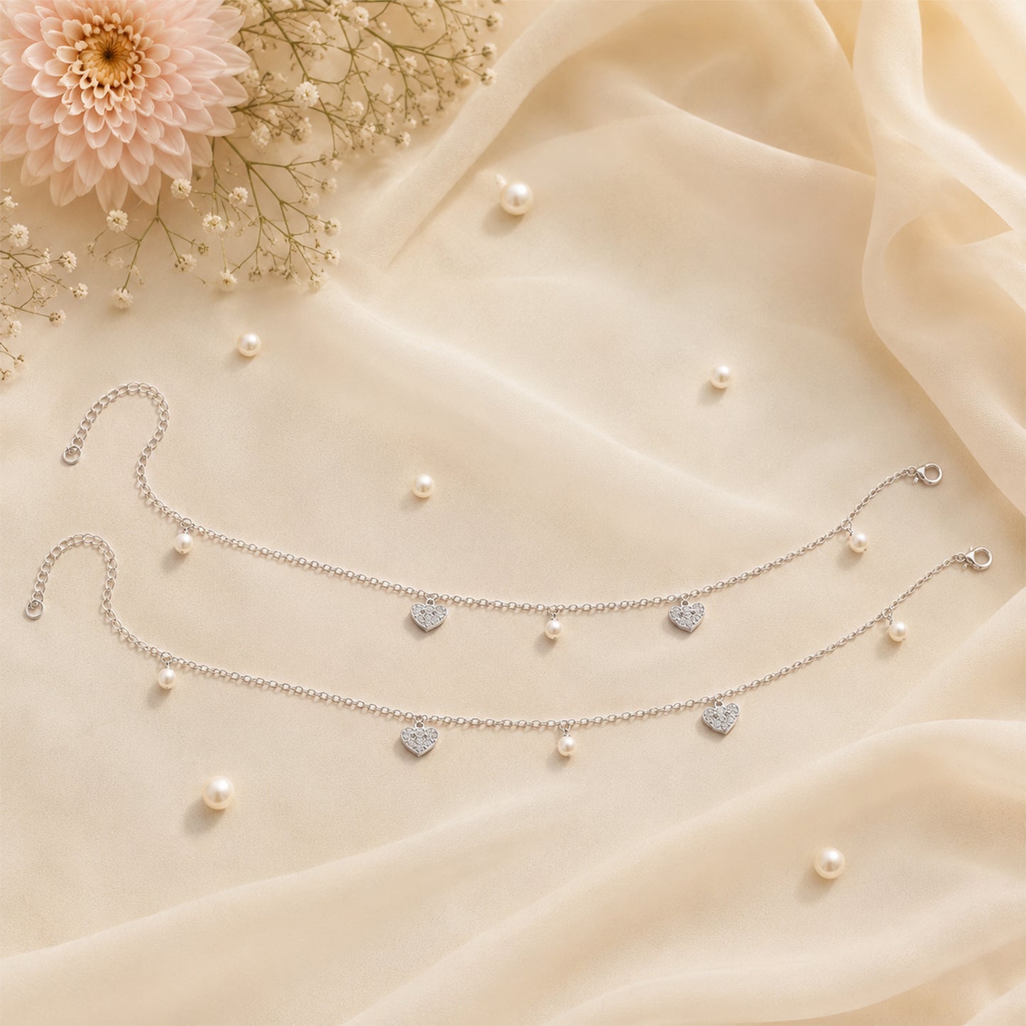 Silver Floral Pearl Charm Italian Anklet