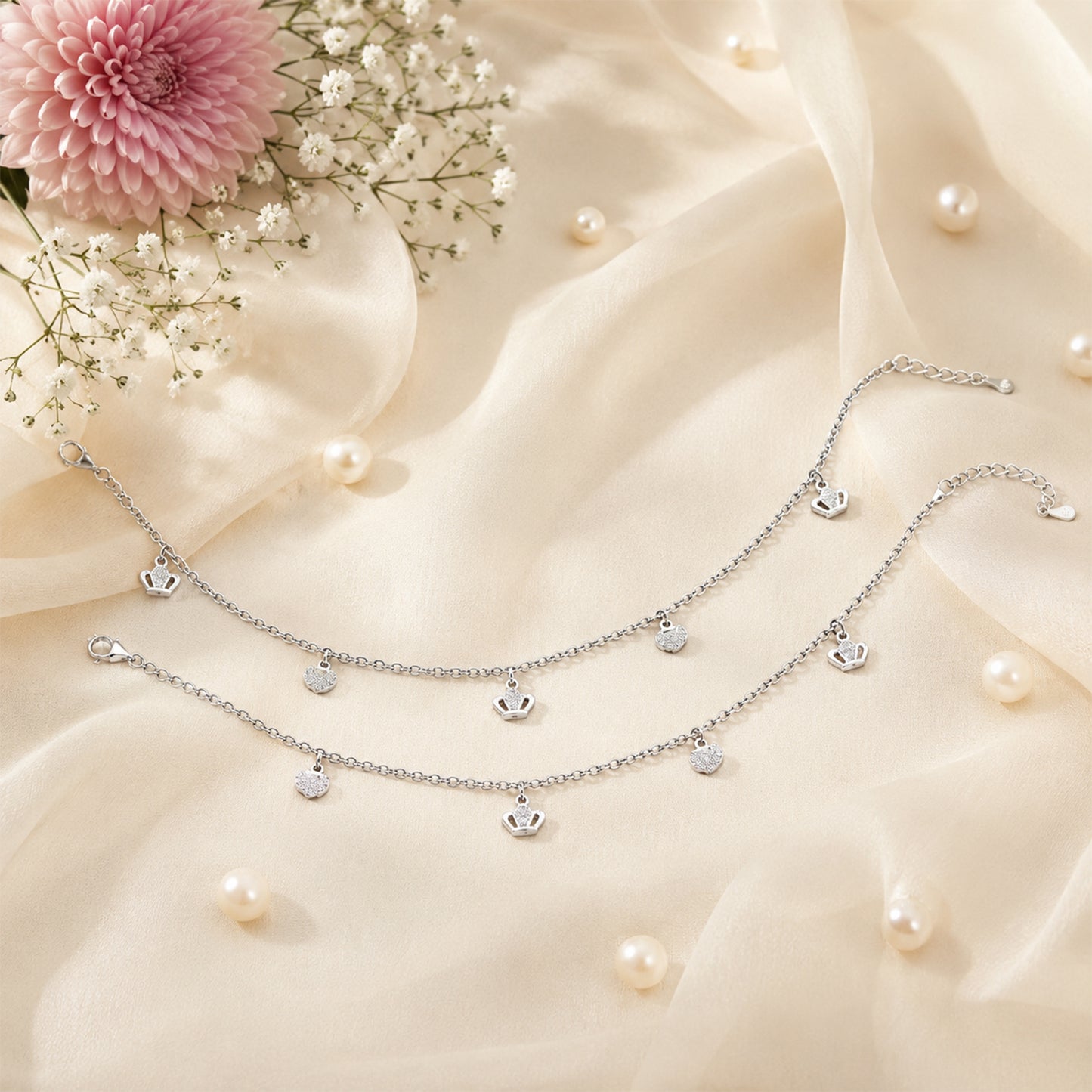 Silver Crown Heart Italian Anklet