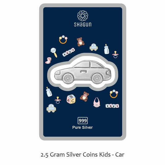 A packaged silver coin featuring a car design, displayed on a dark blue card with baby-themed icons around the edge. The brand name 'Shagun Coins' is visible at the top, and the text '2.