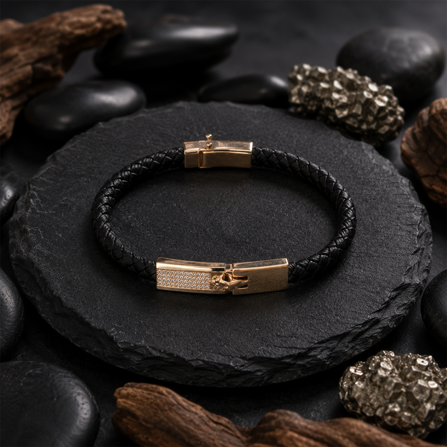 Gold Jaguar Crystal Clasp Braided Leather Bracelet