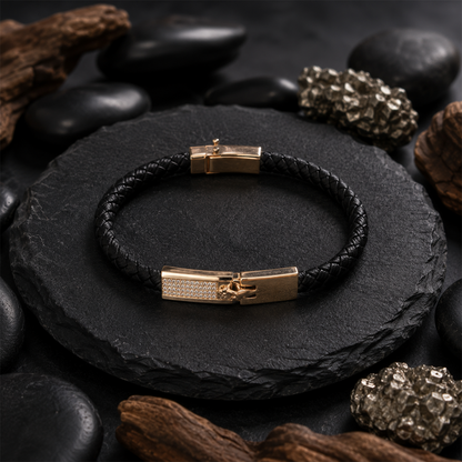 Gold Jaguar Crystal Clasp Braided Leather Bracelet