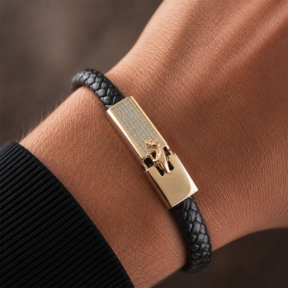 Gold Jaguar Crystal Clasp Braided Leather Bracelet