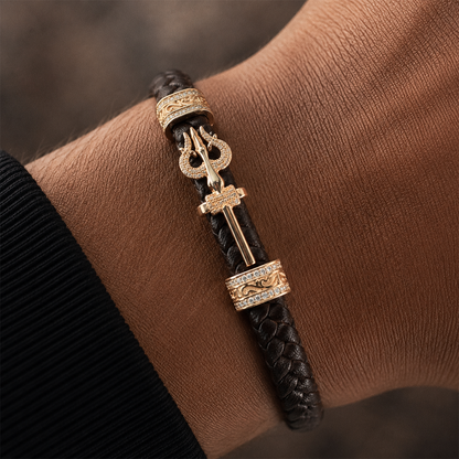 Gold Trishool Leather Bracelet
