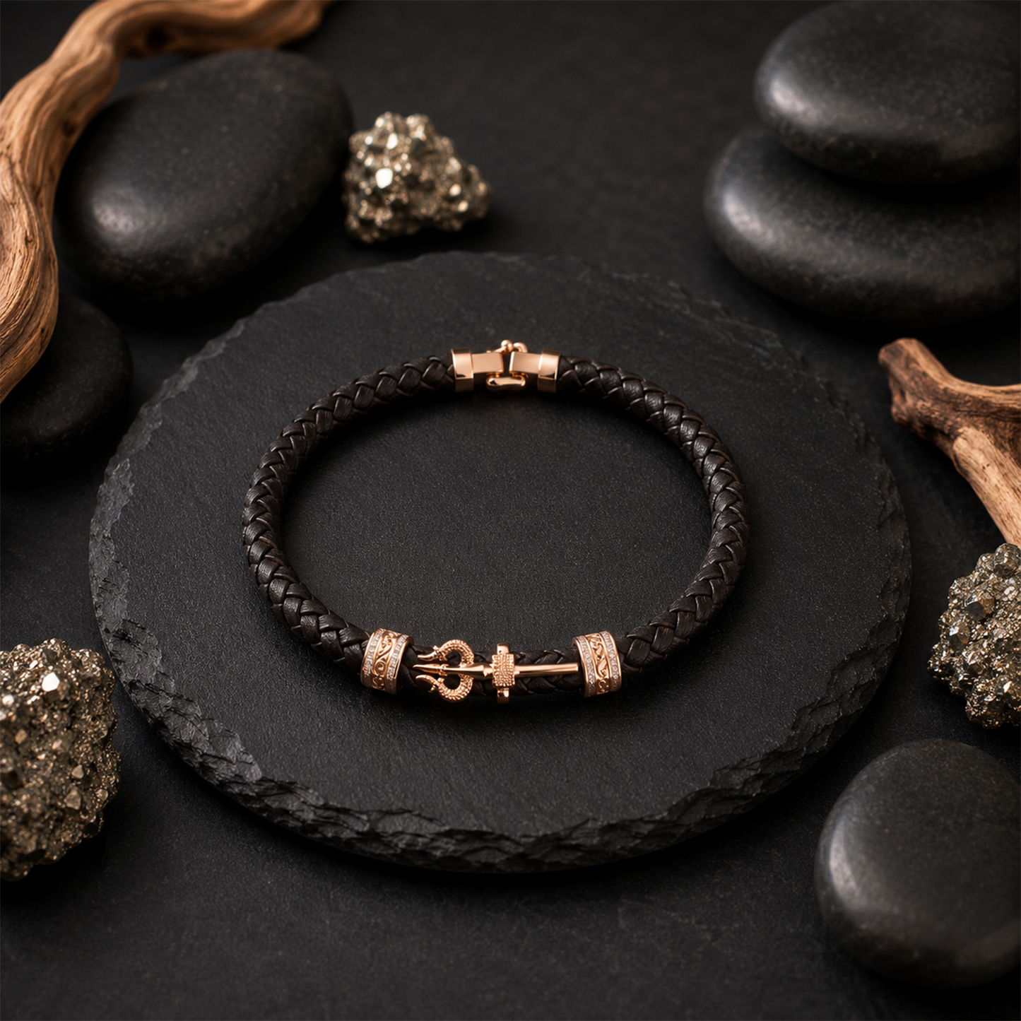 Gold Om and Trishul Crystal Braided Leather Bracelet