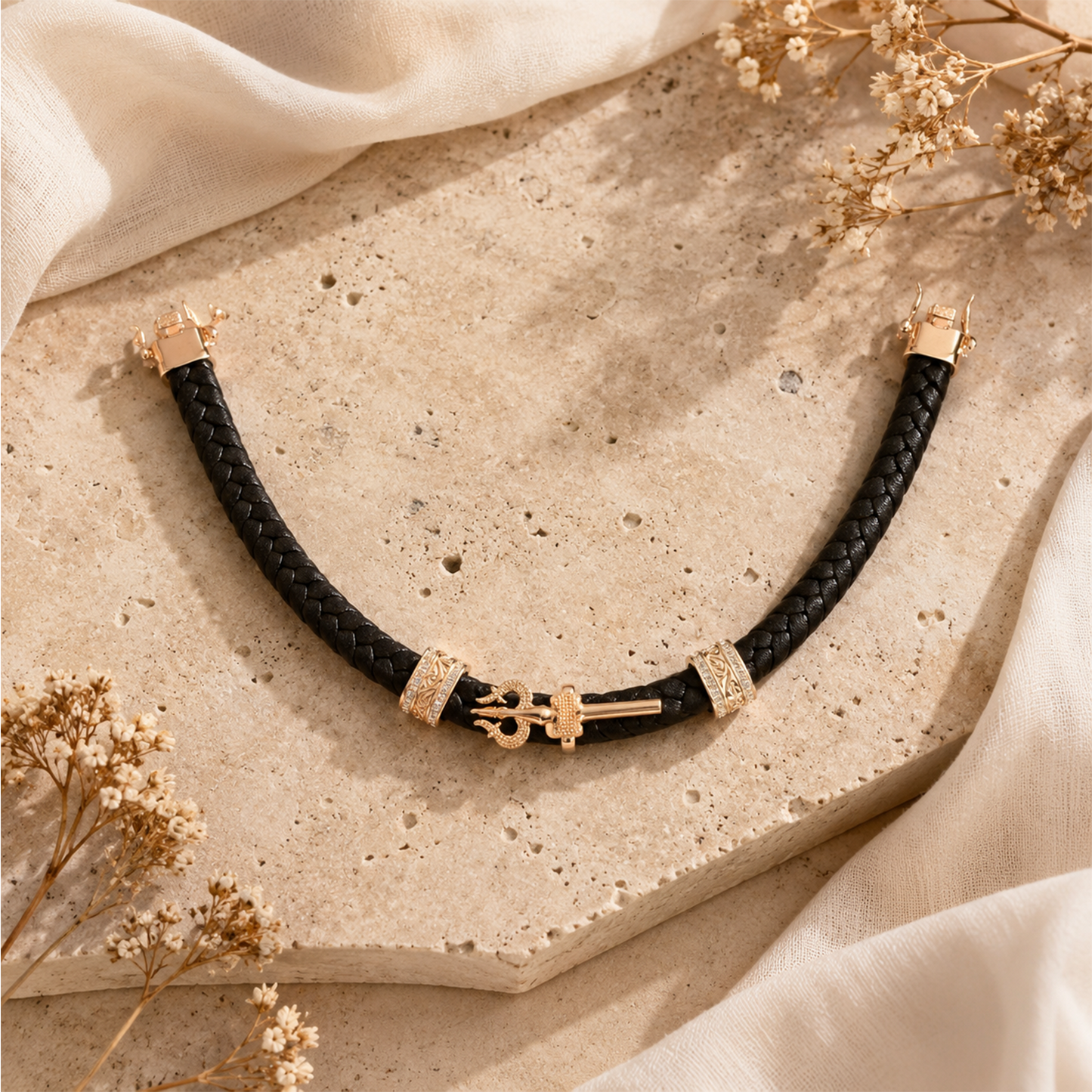 Gold Om and Trishul Crystal Braided Leather Bracelet