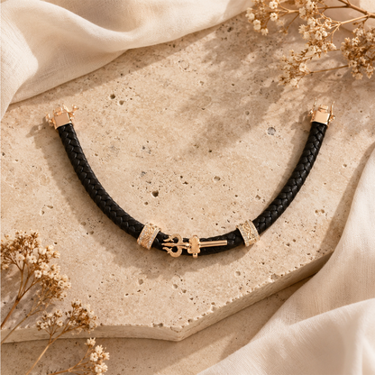 Gold Om and Trishul Crystal Braided Leather Bracelet