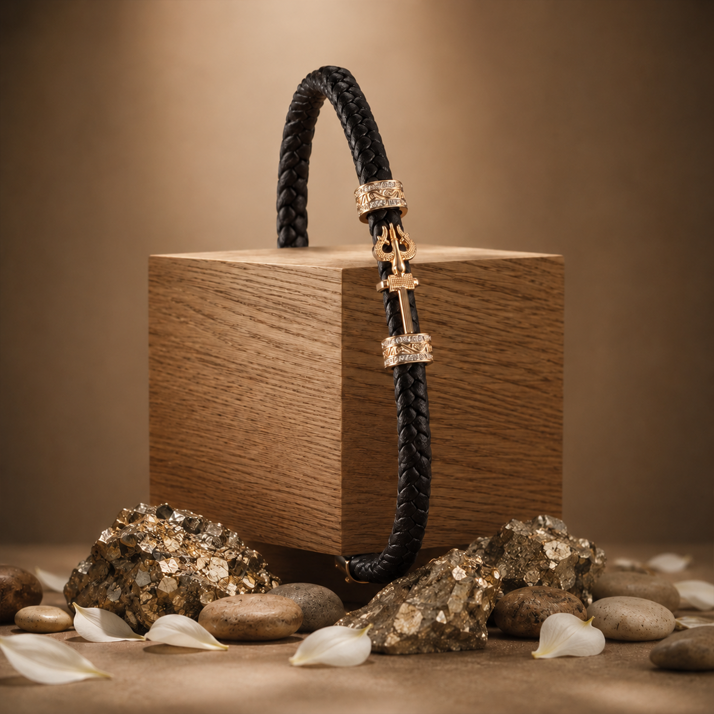 Gold Om and Trishul Crystal Braided Leather Bracelet