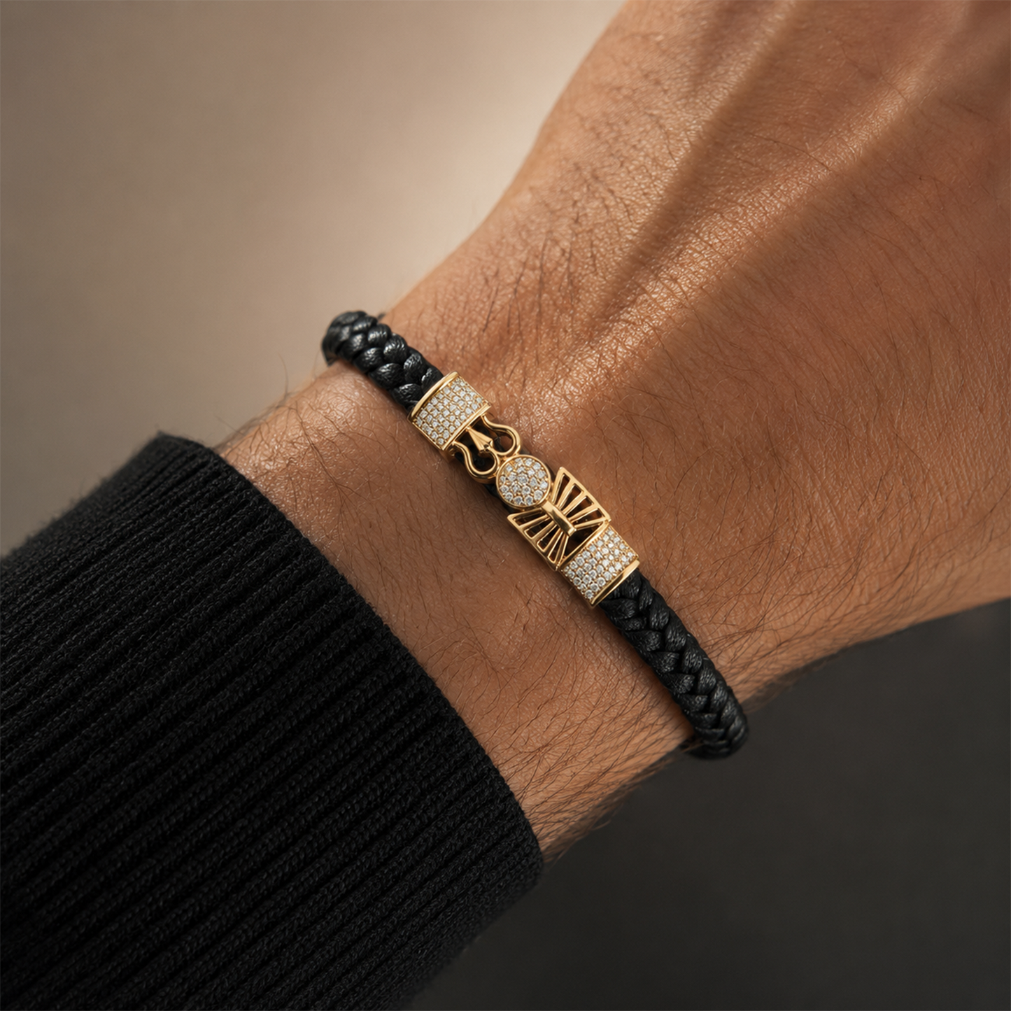 Gold Om and Trishul Crystal Braided Leather Bracelet