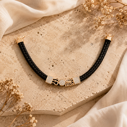 Gold Mahadev Symbol Pavé Crystal Leather Bracelet