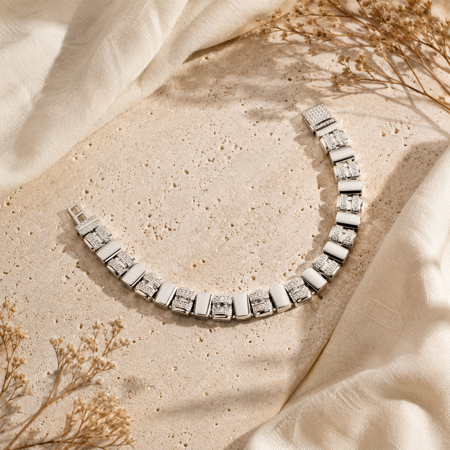 Premium Silver Link Bracelet with Stone Accents