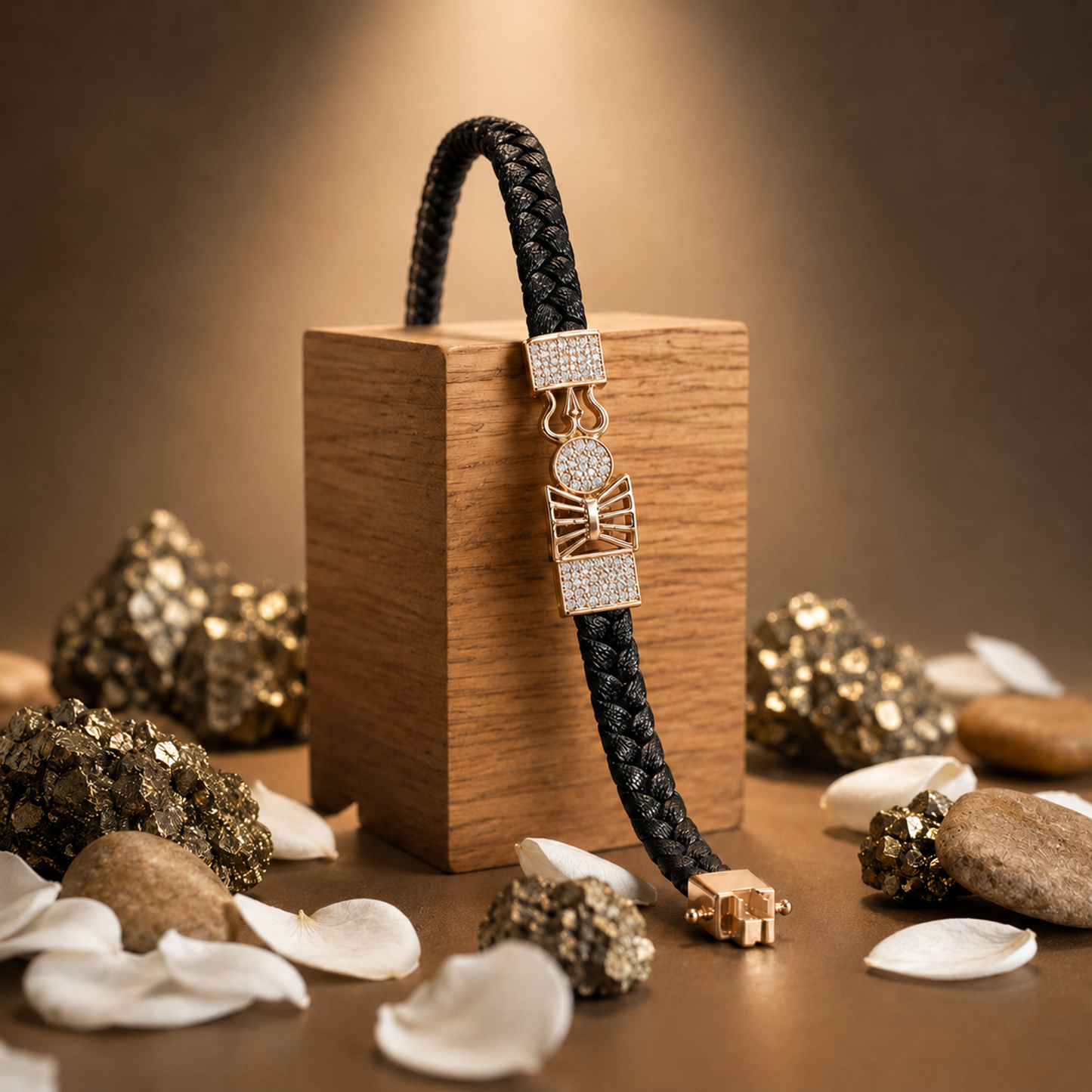 Gold Mahadev Symbol Pavé Crystal Leather Bracelet