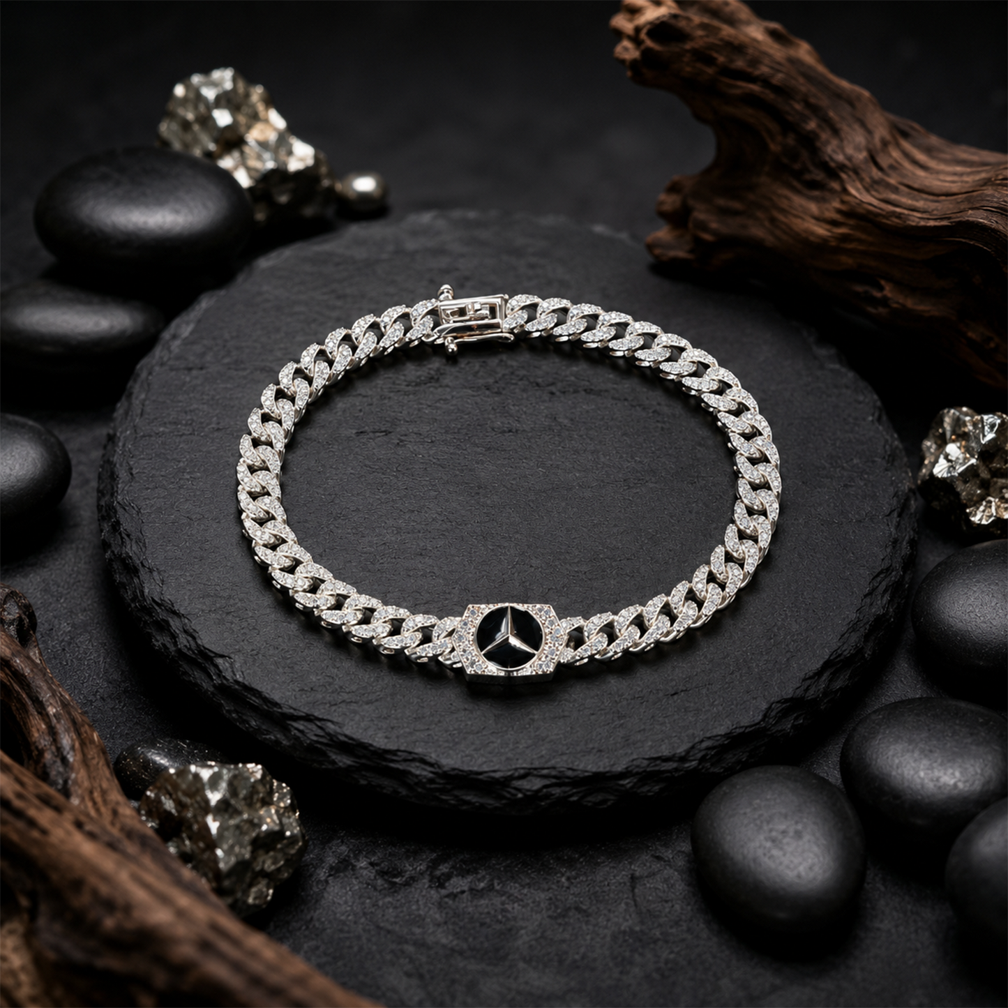 Silver Black Emblem Cuban Link Bracelet