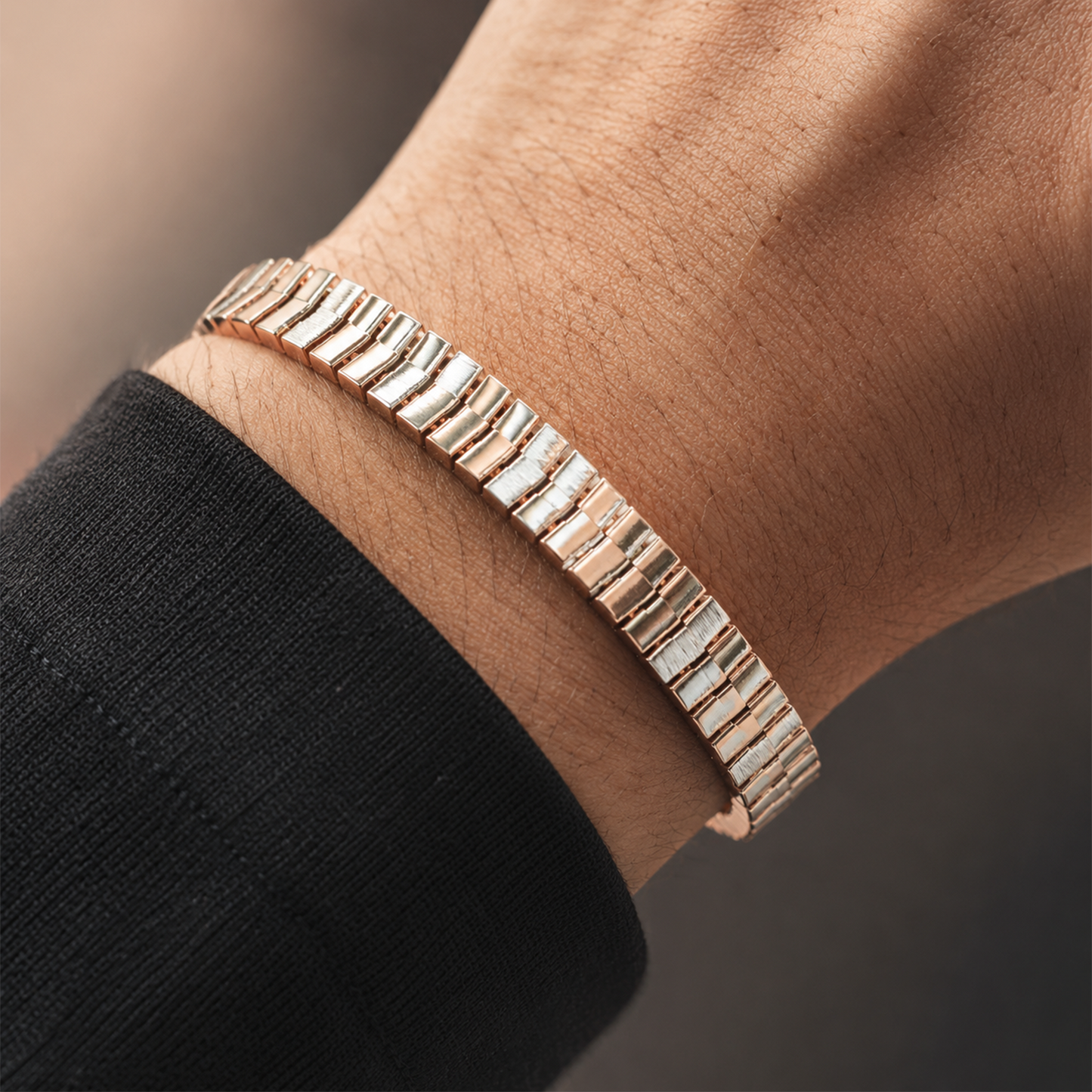 Rose Gold and Silver Ribbed Block Link Bracelet