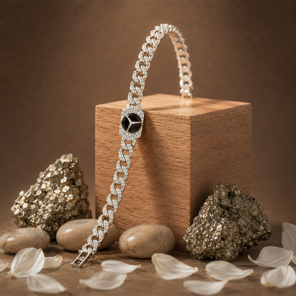 Silver Black Emblem Cuban Link Bracelet