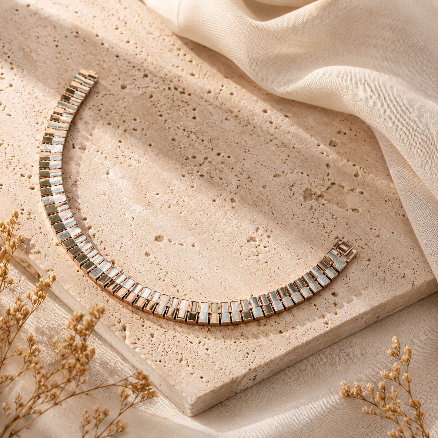 Rose Gold and Silver Ribbed Block Link Bracelet