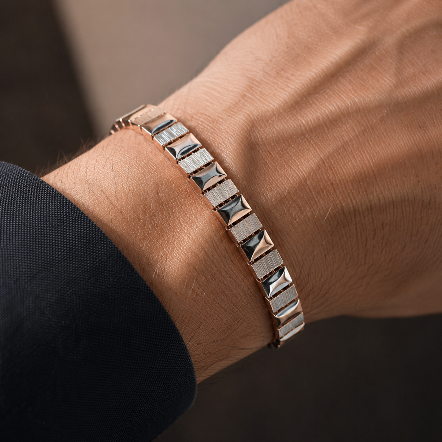 Two-Tone Textured Pyramid Block Link Bracelet