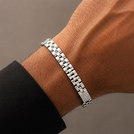 Classic Silver Box Link Bracelet with Crystal Accent