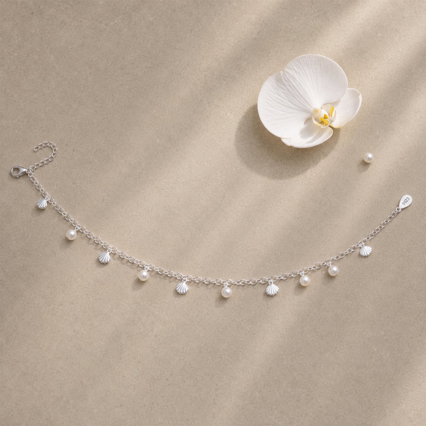 Silver Pearl Shell Charm Italian Anklet