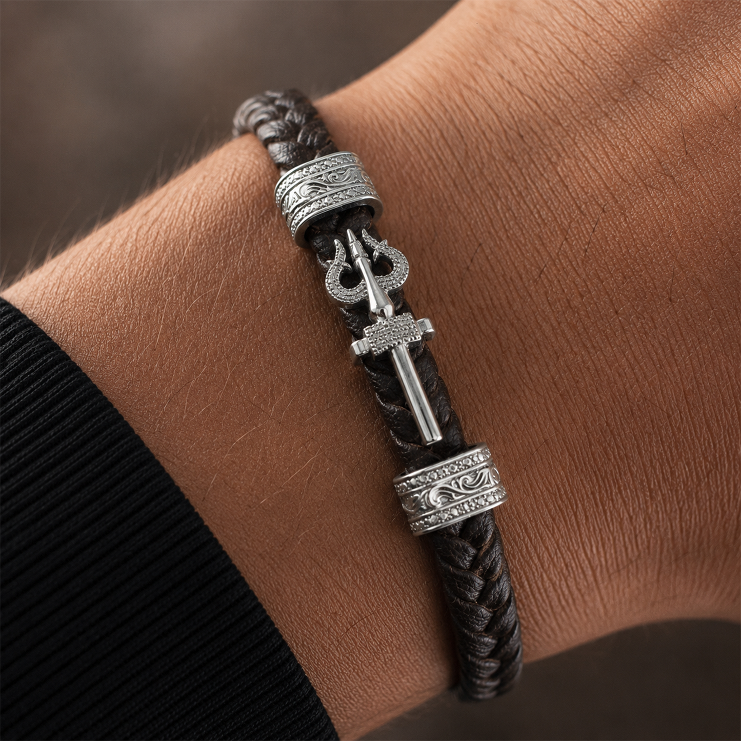 Silver Trishul Braided Leather Bracelet