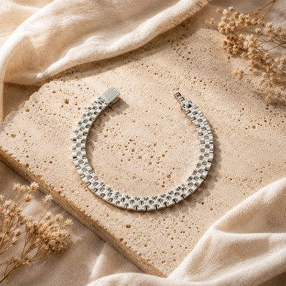 Classic Silver Box Link Bracelet with Crystal Accent