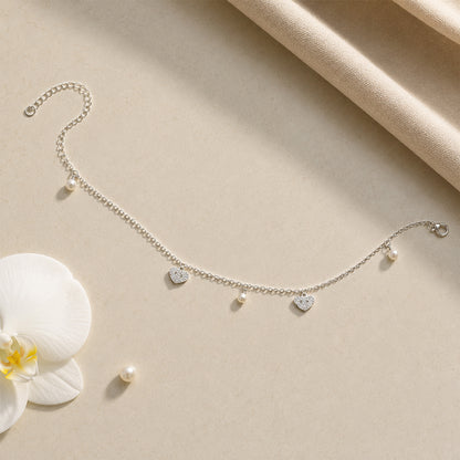 Silver Floral Pearl Charm Italian Anklet