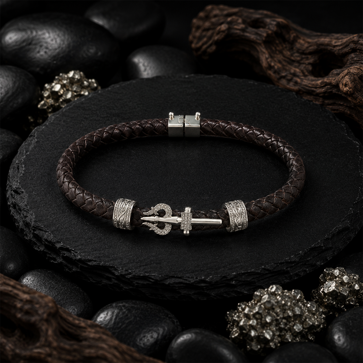 Silver Trishul Braided Leather Bracelet