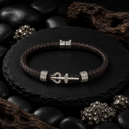 Silver Trishul Braided Leather Bracelet