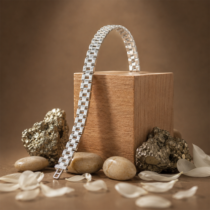 Classic Silver Box Link Bracelet with Crystal Accent