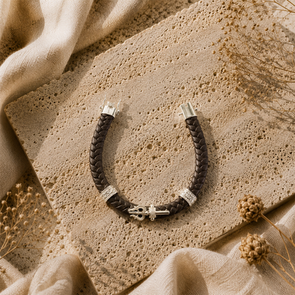 Silver Trishul Braided Leather Bracelet