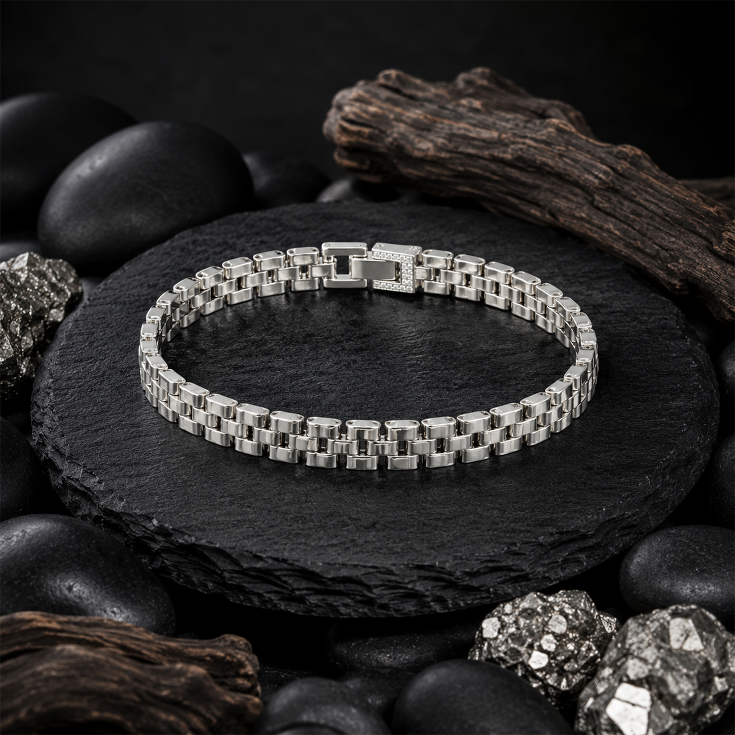 Classic Silver Box Link Bracelet with Crystal Accent