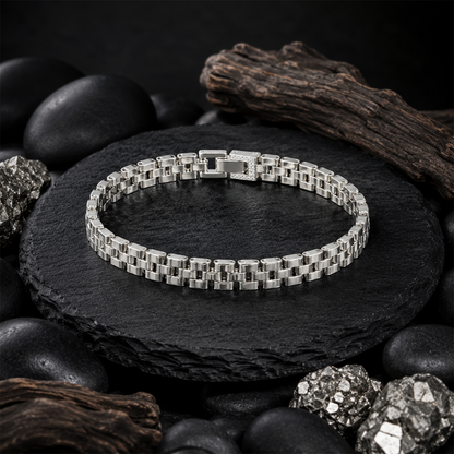 Classic Silver Box Link Bracelet with Crystal Accent