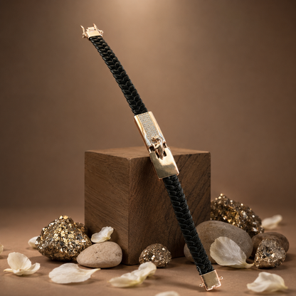 Gold Jaguar Crystal Clasp Braided Leather Bracelet