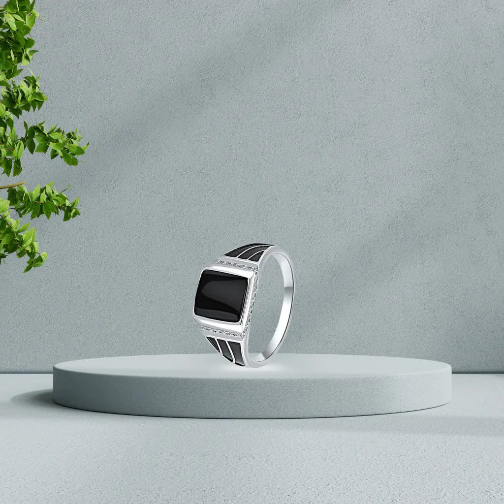 Silver Black Enamel Ring For Him