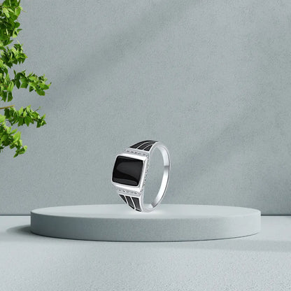 Silver Black Enamel Ring For Him