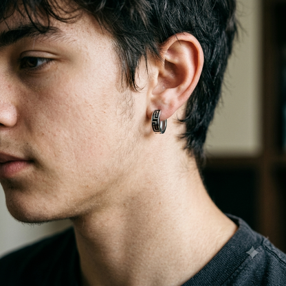 Men's Greek Key Silver Huggie Hoops