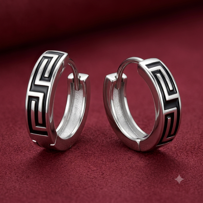 Men's Greek Key Silver Huggie Hoops
