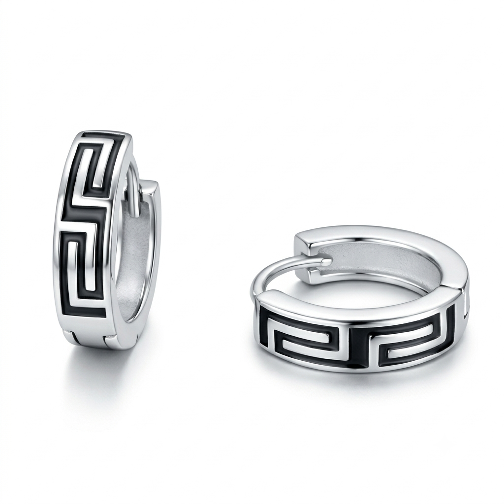 Men's Greek Key Silver Huggie Hoops