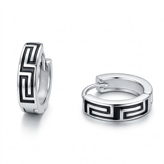 Men's Greek Key Silver Huggie Hoops