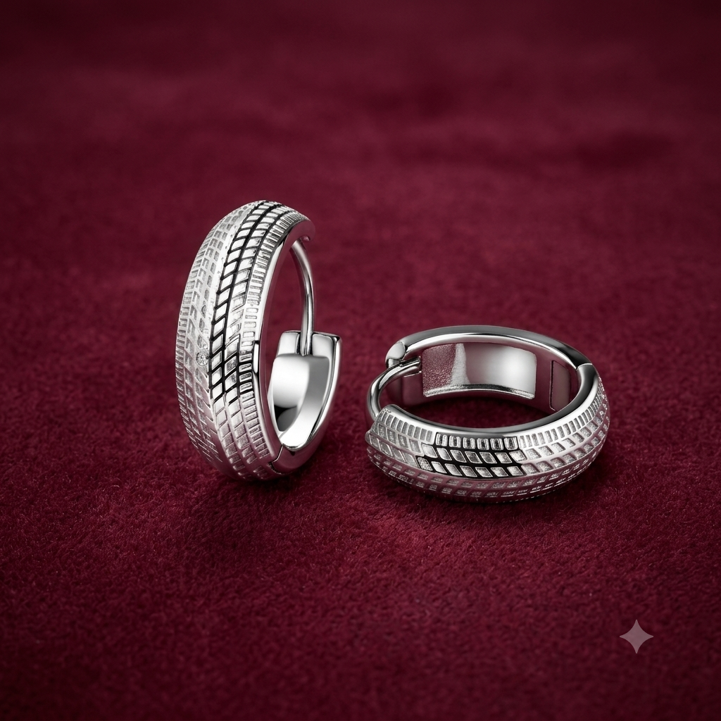 Textured Tire Track Motif Huggie Hoops
