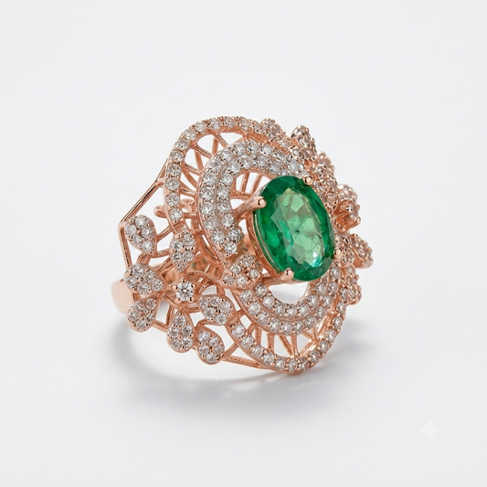 Rose Gold Emerald & Diamond Swirl Ring