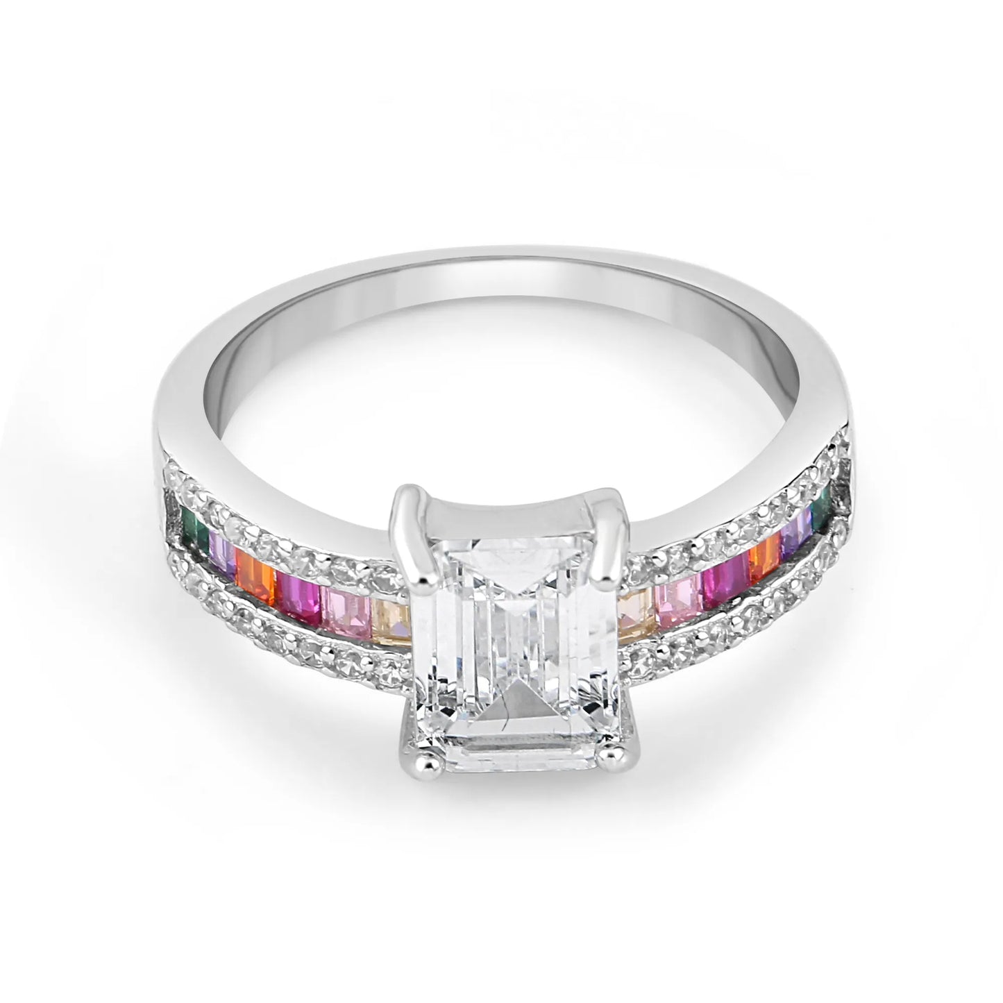Silver Rainbow Bejewelled Solitaire Ring