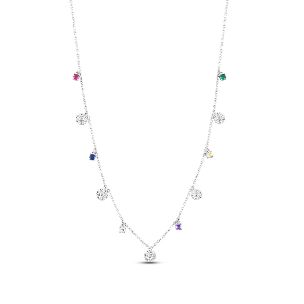 Silver Studded Floral Charms Necklace with Link Chain
