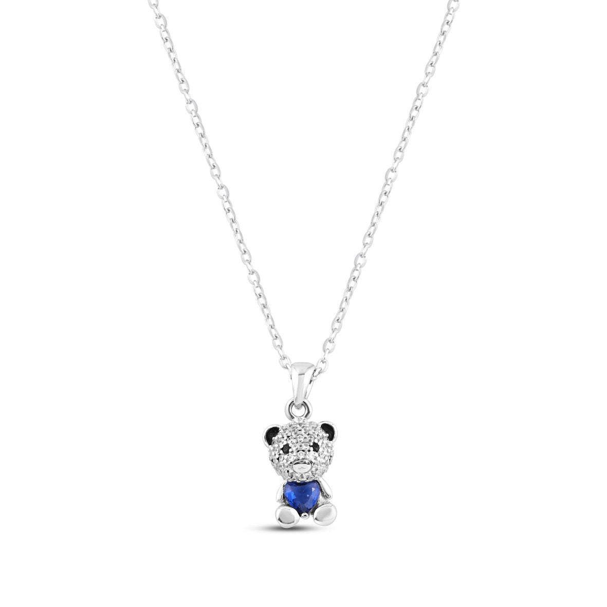 Silver Blue Bliss Bear Necklace with Link Chain