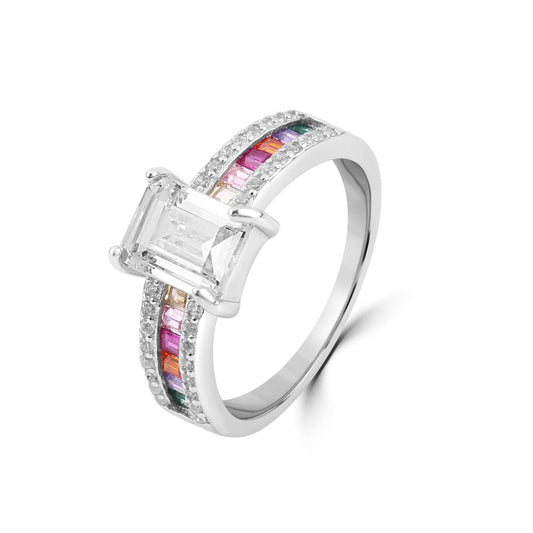 Silver Rainbow Bejewelled Solitaire Ring