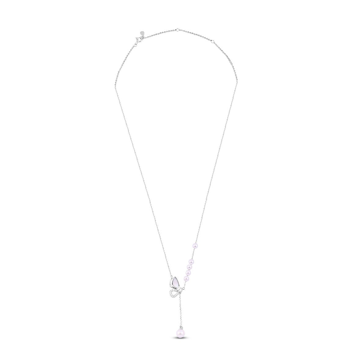 Silver Fluttering Butterfly Pearls Necklace with Link Chain
