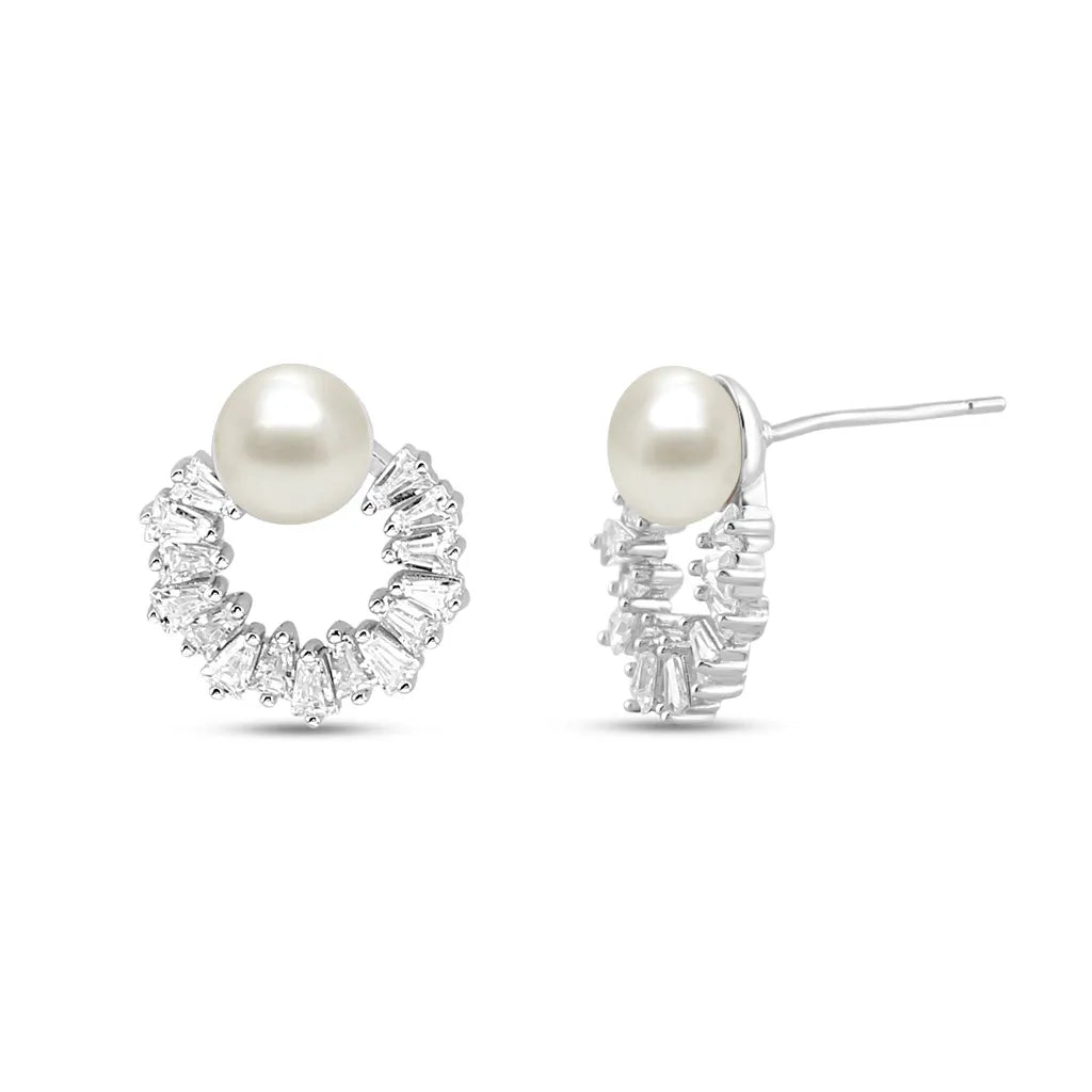 Silver Studded White Pearl Earrings