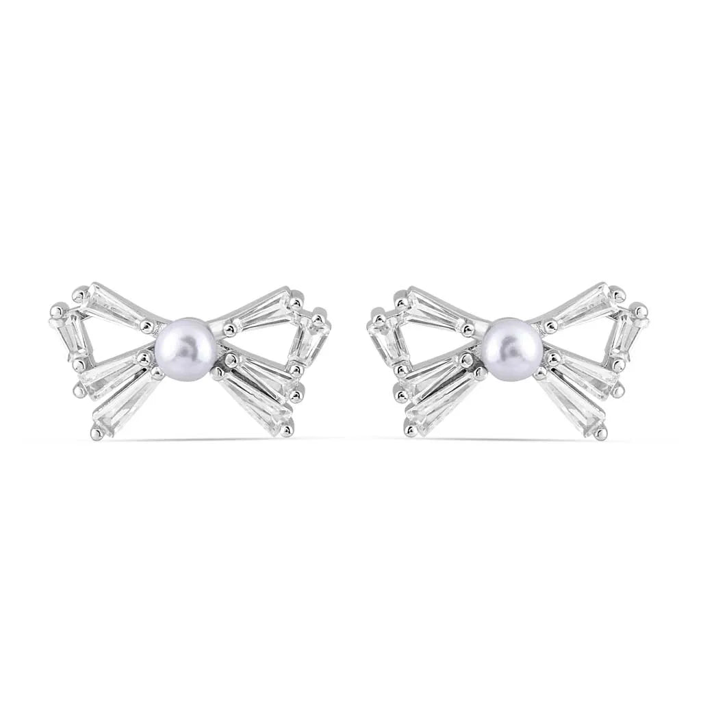 Silver Pearl-kissed Bow Earrings