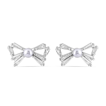 Silver Pearl-kissed Bow Earrings
