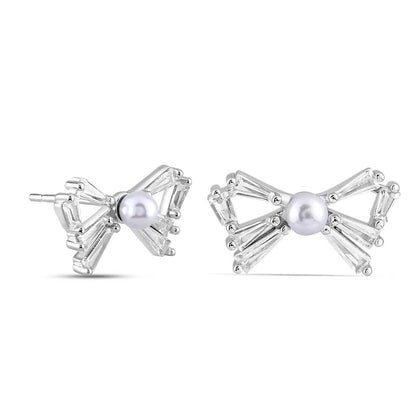 Silver Pearl-kissed Bow Earrings
